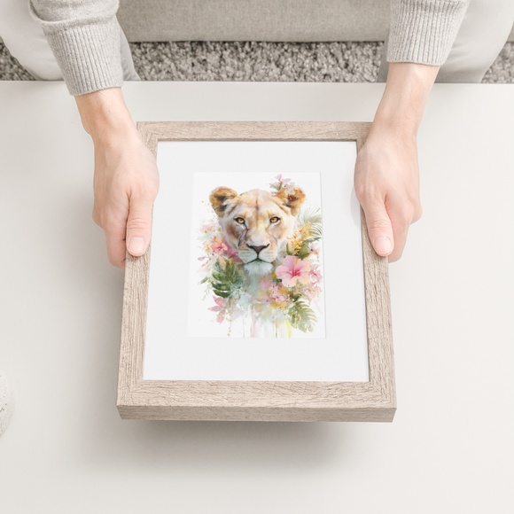 Watercolor Lioness With Flowers Portrait Wall Art Illustration Print Unframed - Picture 5 of 7
